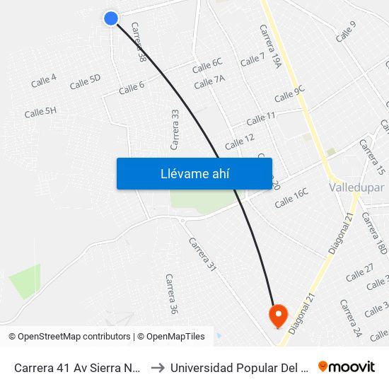 Carrera 41 Av Sierra Nevada to Universidad Popular Del Cesar map