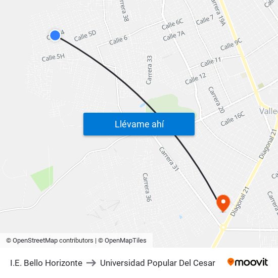 I.E. Bello Horizonte to Universidad Popular Del Cesar map