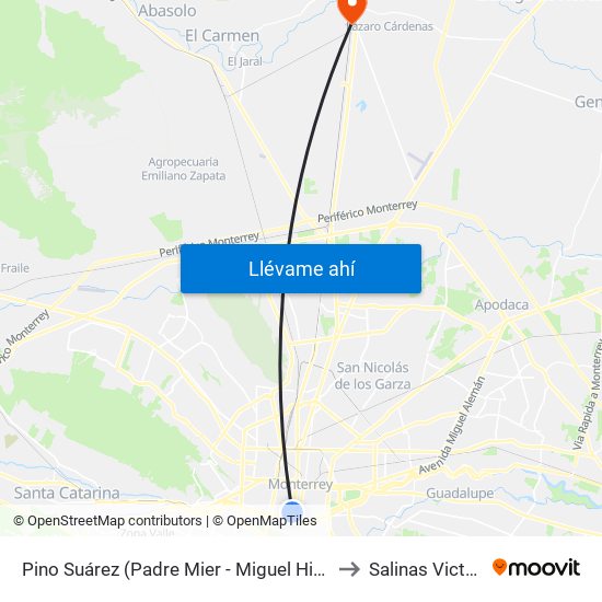 Pino Suárez (Padre Mier - Miguel Hidalgo) to Salinas Victoria map