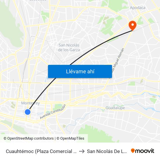 Cuauhtémoc (Plaza Comercial Fundadores) to San Nicolás De Los Garza map