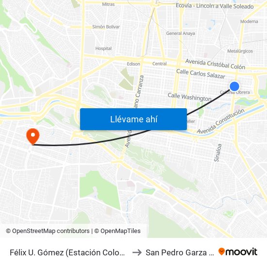 Félix U. Gómez (Estación Colonia Obrera) to San Pedro Garza García map
