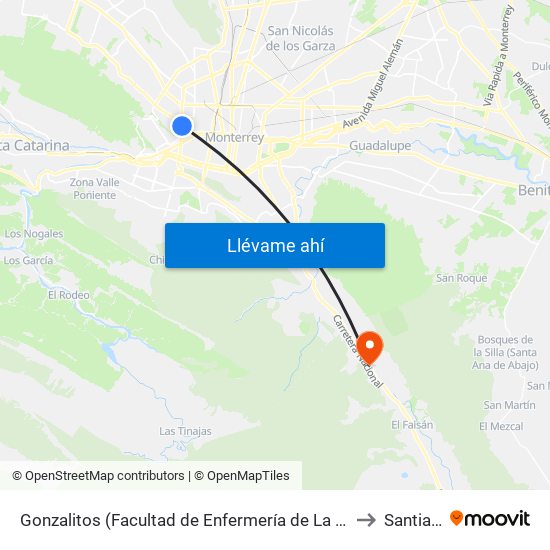 Gonzalitos (Facultad de Enfermería de La U.A.N.L.) to Santiago map