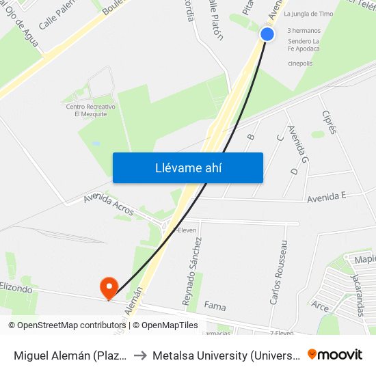 Miguel Alemán (Plaza Sendero) to Metalsa University (Universidad Metalsa) map