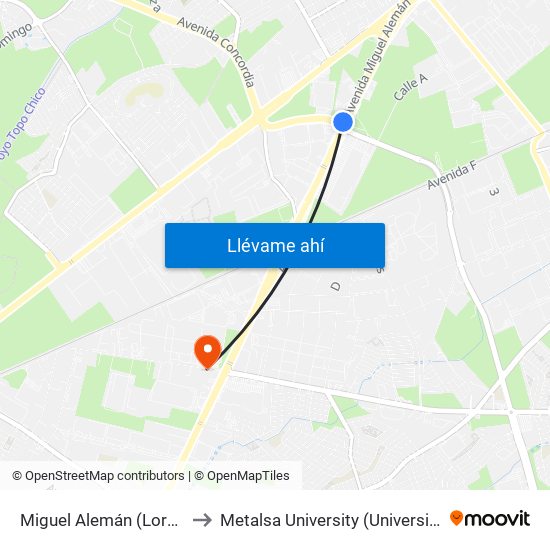 Miguel Alemán (Loreto Tower) to Metalsa University (Universidad Metalsa) map