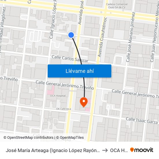 José María Arteaga (Ignacio López Rayón - Pino Suárez) to OCA Hotel map