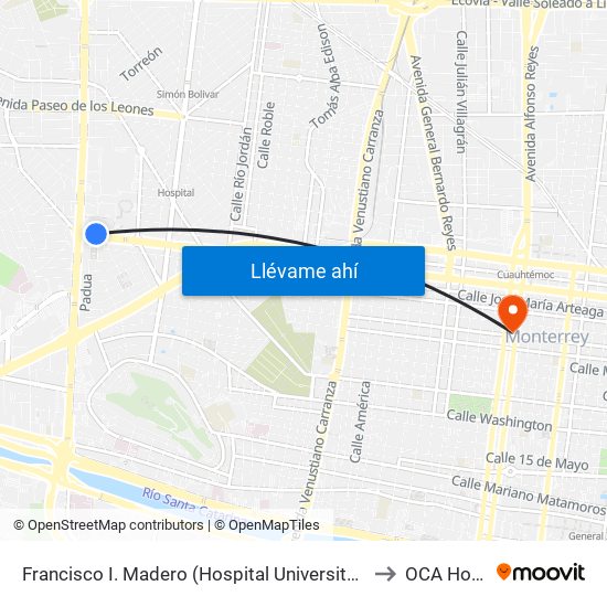 Francisco I. Madero (Hospital Universitario) to OCA Hotel map