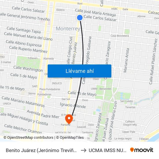 Benito Juárez (Jerónimo Treviño - Carlos Salazar) to UCMA IMSS NUEVO LEON map