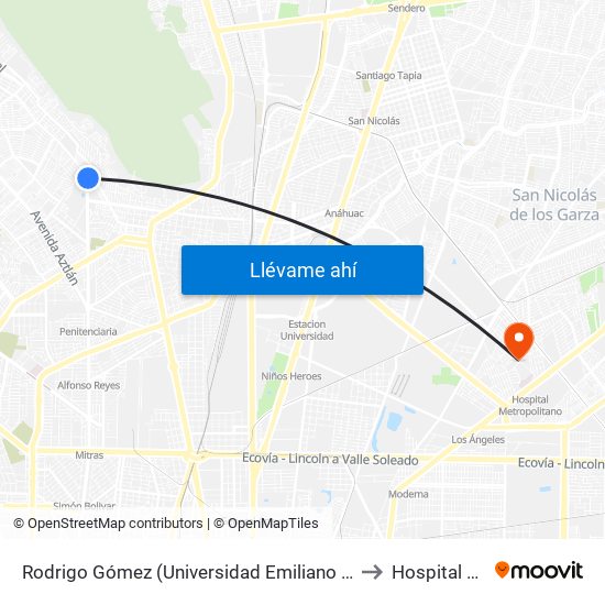 Rodrigo Gómez (Universidad Emiliano Zapata) to Hospital UMI map