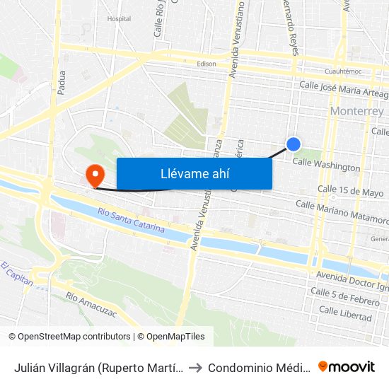 Julián Villagrán (Ruperto Martínez - Aramberri) to Condominio Médico Hidalgo map