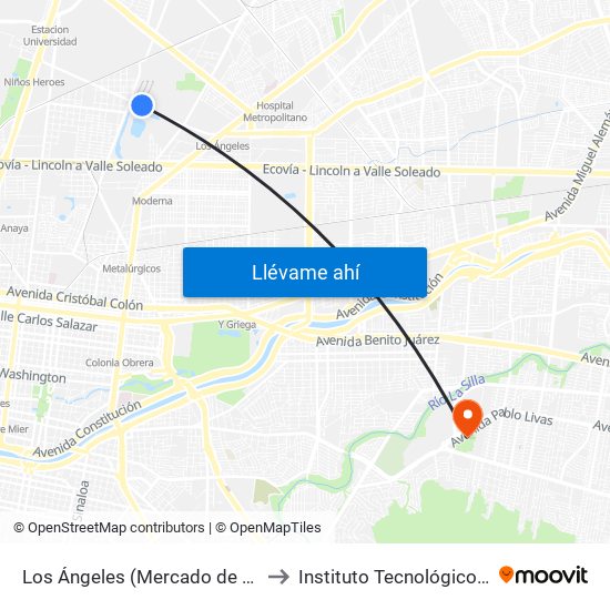 Los Ángeles (Mercado de Abastos Estrella 2) to Instituto Tecnológico de Nuevo León map