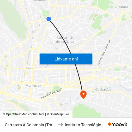 Carretera A Colombia (Transmetro Metroplex) to Instituto Tecnológico de Nuevo León map