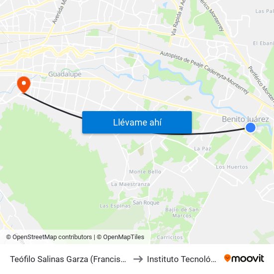 Teófilo Salinas Garza (Francisco Javier Mina - Benito Juárez) to Instituto Tecnológico de Nuevo León map