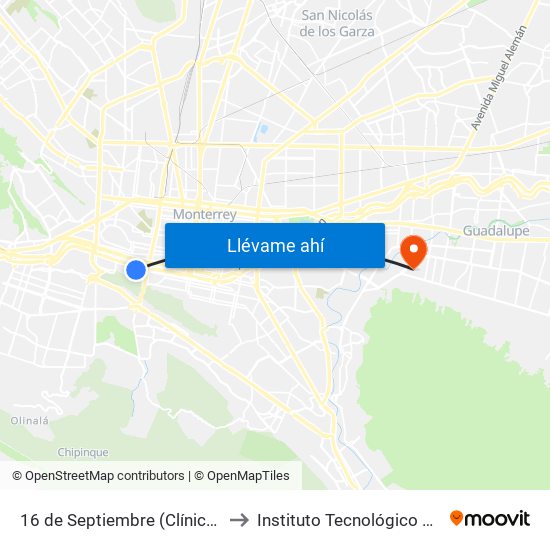 16 de Septiembre (Clínica 5 Del I.M.S.S.) to Instituto Tecnológico de Nuevo León map