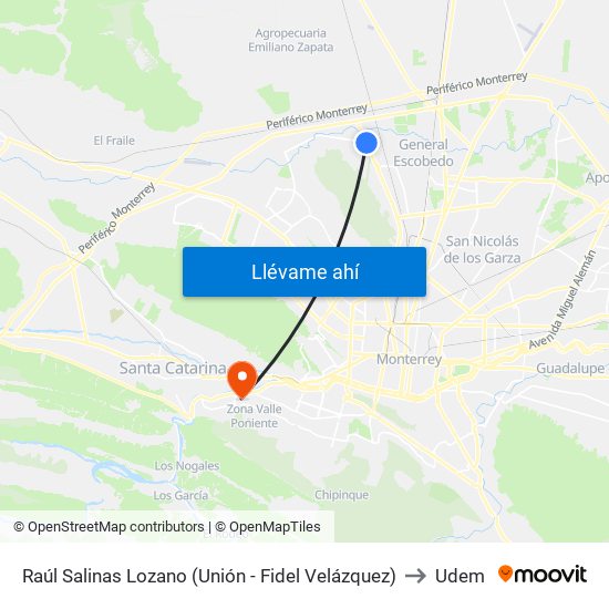 Raúl Salinas Lozano (Unión - Fidel Velázquez) to Udem map