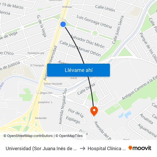 Universidad (Sor Juana Inés de La Cruz) to Hospital Clínica Nova map