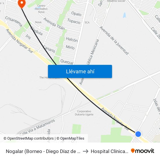 Nogalar (Borneo - Diego Díaz de Berlanga) to Hospital Clínica Nova map