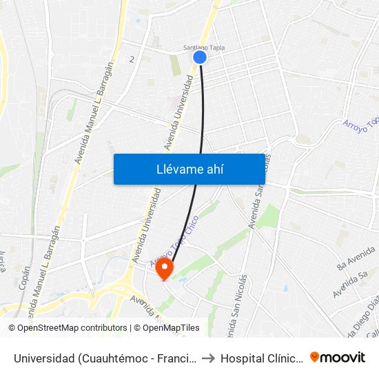 Universidad (Cuauhtémoc - Francisco Naranjo) to Hospital Clínica Nova map