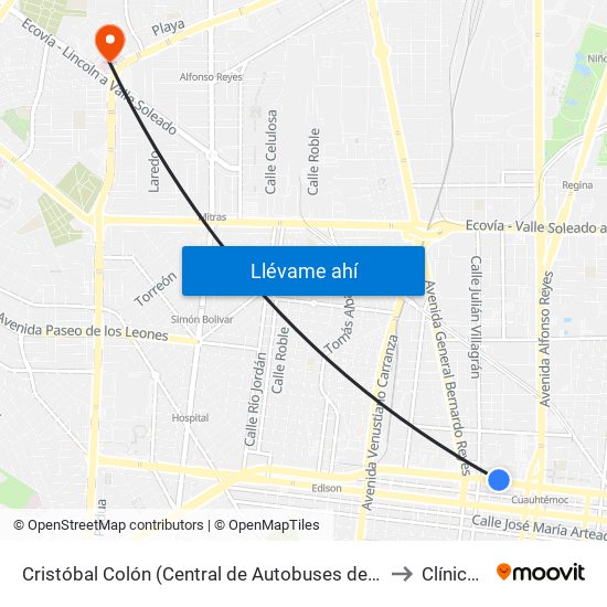 Cristóbal Colón (Central de Autobuses de Monterrey) to Clínica 25 map