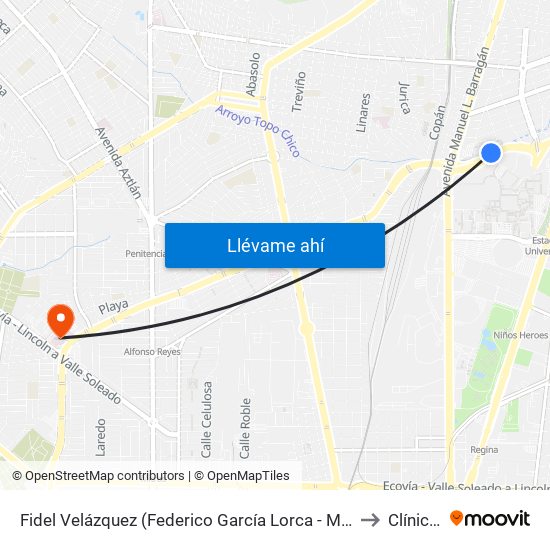 Fidel Velázquez (Federico García Lorca - Manuel L. Barragán) to Clínica 25 map