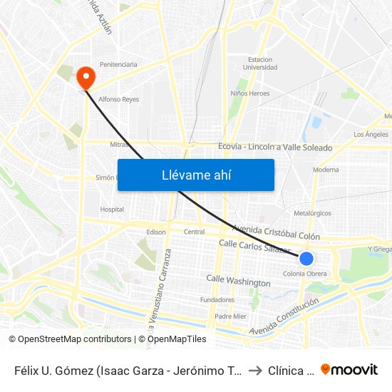 Félix U. Gómez (Isaac Garza - Jerónimo Treviño) to Clínica 25 map