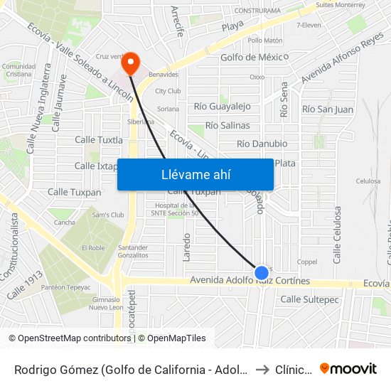 Rodrigo Gómez (Golfo de California - Adolfo Ruíz Cortines) to Clínica 25 map