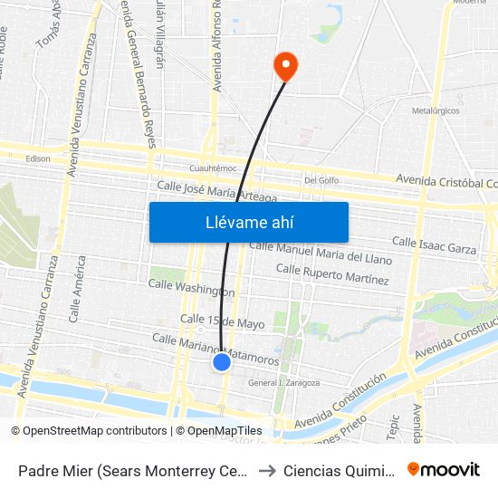 Padre Mier (Sears Monterrey Centro) to Ciencias Quimicas map