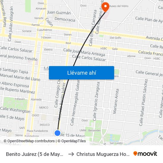 Benito Juárez (5 de Mayo - 15 de Mayo) to Christus Muguerza Hospital Vidriera map