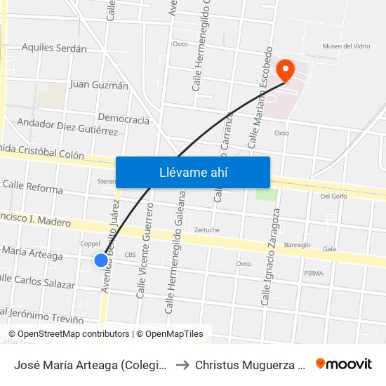 José María Arteaga (Colegio Civil - Benito Juárez) to Christus Muguerza Hospital Vidriera map