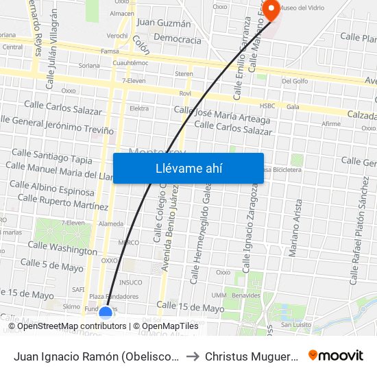 Juan Ignacio Ramón (Obelisco de La Fundación de Monterrey) to Christus Muguerza Hospital Vidriera map