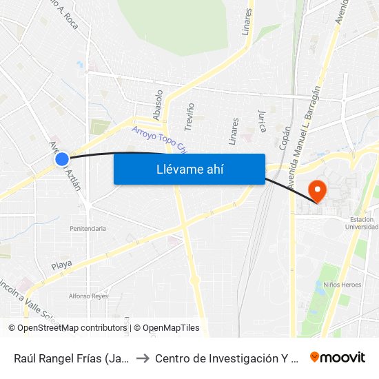 Raúl Rangel Frías (Jacarandas - Aztlán) to Centro de Investigación Y Desarrollo Tecnológico map