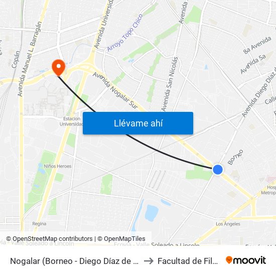 Nogalar (Borneo - Diego Díaz de Berlanga) to Facultad de Filosofía map