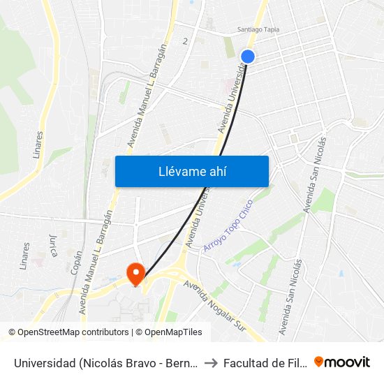 Universidad (Nicolás Bravo - Bernardo Reyes) to Facultad de Filosofía map
