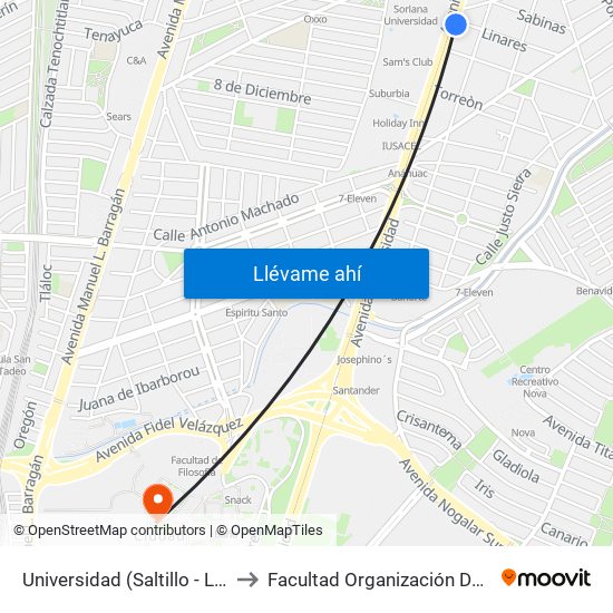 Universidad (Saltillo - Linares) to Facultad Organización Deportiva map