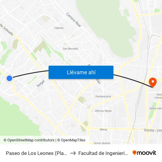 Paseo de Los Leones (Plaza Cumbres) to Facultad de Ingeniería Mecánica map