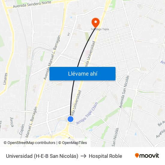 Universidad (H-E-B San Nicolás) to Hospital Roble map