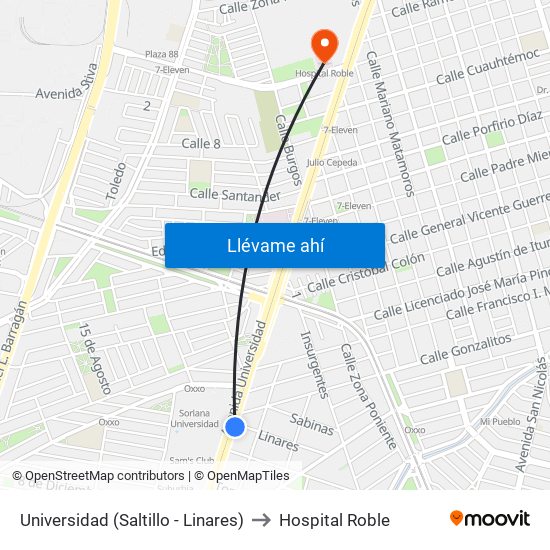 Universidad (Saltillo - Linares) to Hospital Roble map