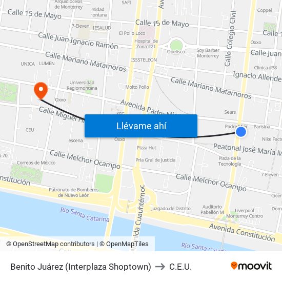 Benito Juárez (Interplaza Shoptown) to C.E.U. map