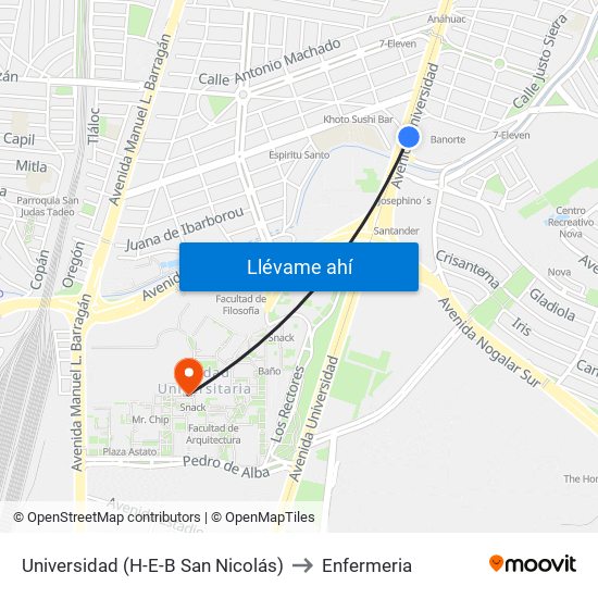 Universidad (H-E-B San Nicolás) to Enfermeria map