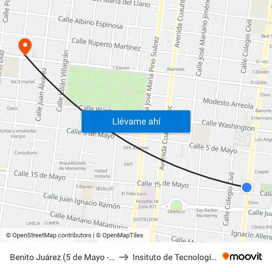 Benito Juárez (5 de Mayo - 15 de Mayo) to Insituto de Tecnología Avanzada map