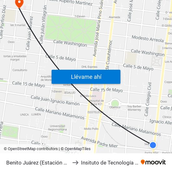 Benito Juárez (Estación Padre Mier) to Insituto de Tecnología Avanzada map