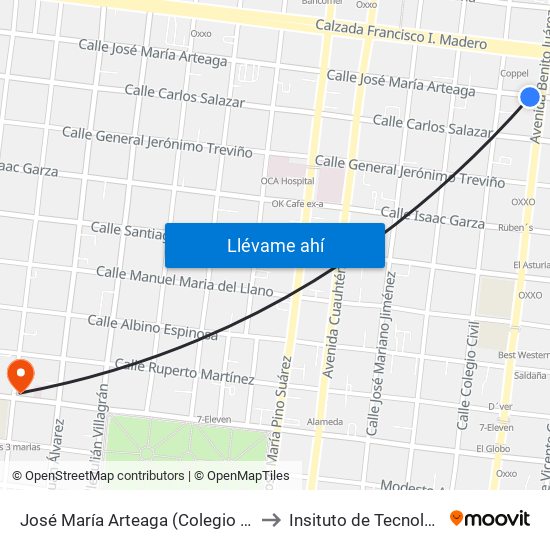 José María Arteaga (Colegio Civil - Benito Juárez) to Insituto de Tecnología Avanzada map