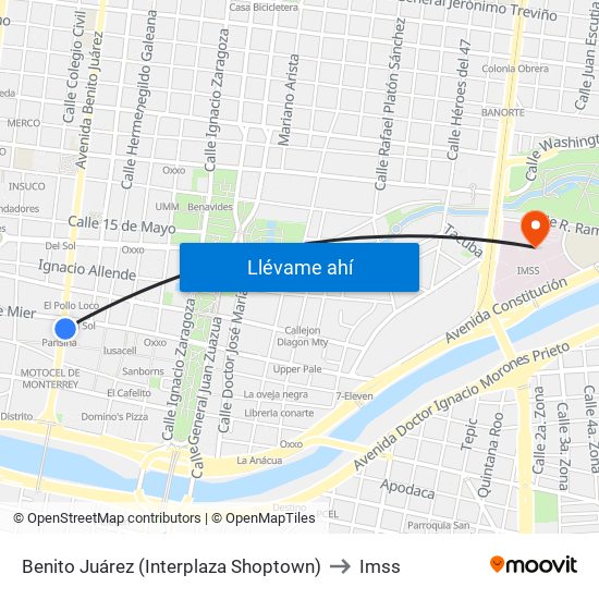 Benito Juárez (Interplaza Shoptown) to Imss map