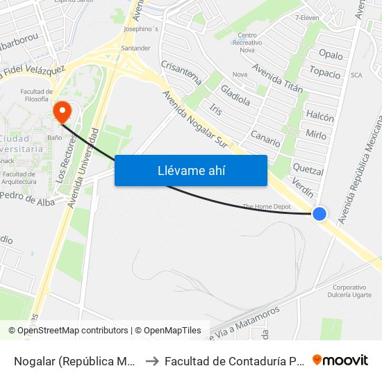 Nogalar (República Mexicana - San Nicolás) to Facultad de Contaduría Pública Y Administración map