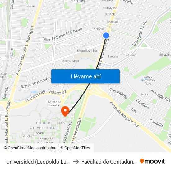 Universidad (Leopoldo Lugones - José Santos Chocano) to Facultad de Contaduría Pública Y Administración map
