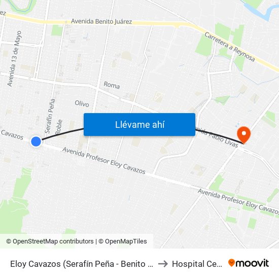 Eloy Cavazos (Serafín Peña - Benito Juárez) to Hospital Centra map