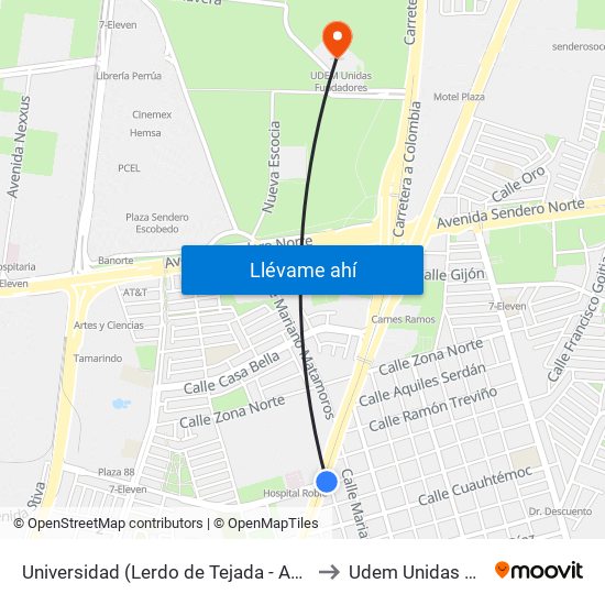 Universidad (Sebastián Lerdo de Tejada - Anastasio Bustamante) to Udem Unidas Fundadores map