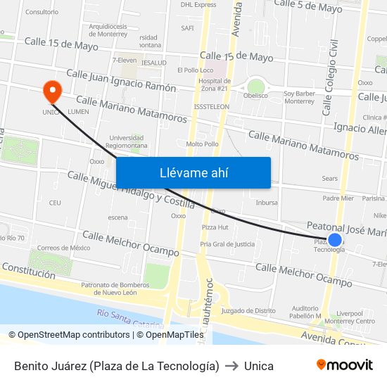 Benito Juárez (Plaza de La Tecnología) to Unica map