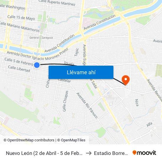 Nuevo León (2 de Abril - 5 de Febrero) to Estadio Borregos map