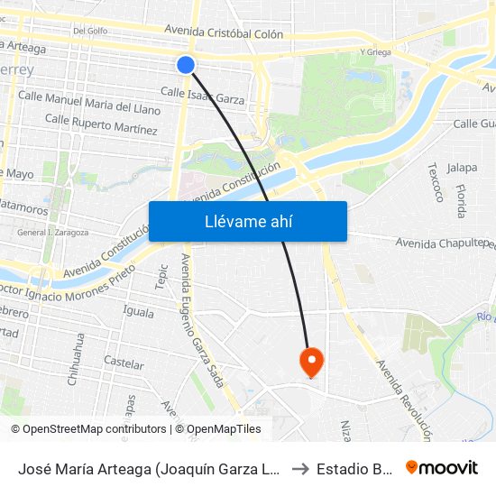 José María Arteaga (Joaquín Garza Leal - Félix U. Gómez) to Estadio Borregos map