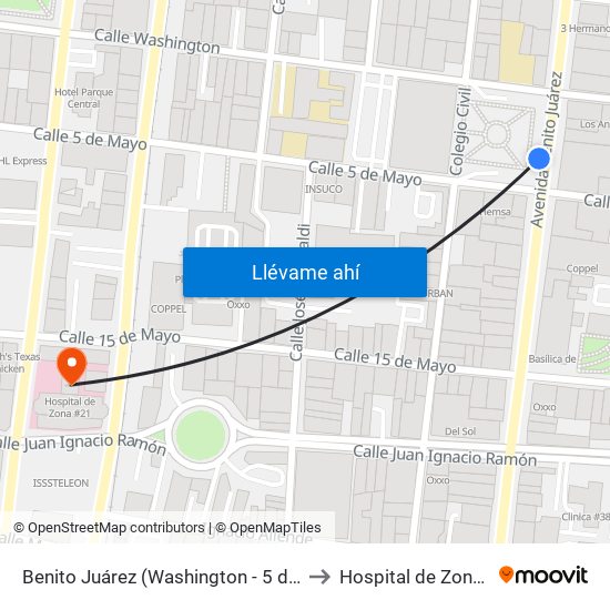 Benito Juárez (Washington - 5 de Mayo) to Hospital de Zona #21 map